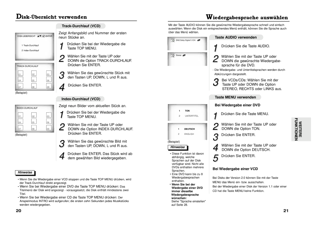 Samsung DVD-711A/XEG manual Disk-†bersicht verwenden Wiedergabesprache auswŠhlen, Funktionen Weitere 