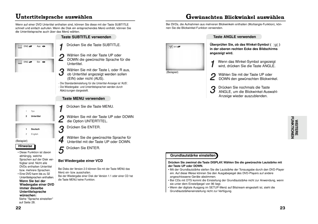 Samsung DVD-711A/XEG manual Untertitelsprache auswŠhlen, GewŸnschten Blickwinkel auswŠhlen 