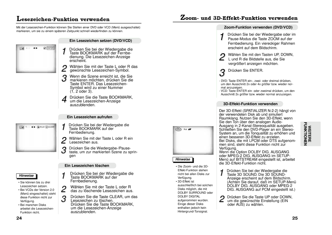 Samsung DVD-711A/XEG manual Lesezeichen-Funktion verwenden, Zoom- und 3D-Effekt-Funktion verwenden 