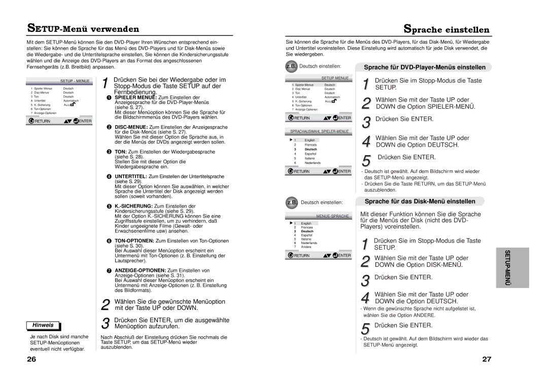 Samsung DVD-711A/XEG manual SETUP-MenŸ verwenden, Sprache einstellen, Sprache für DVD-Player-Menüs einstellen, Setup-Menü 