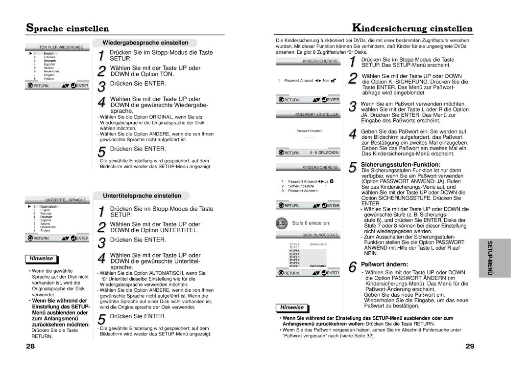 Samsung DVD-711A/XEG manual Sprache einstellen Kindersicherung einstellen, Wiedergabesprache einstellen, Paßwort ändern 