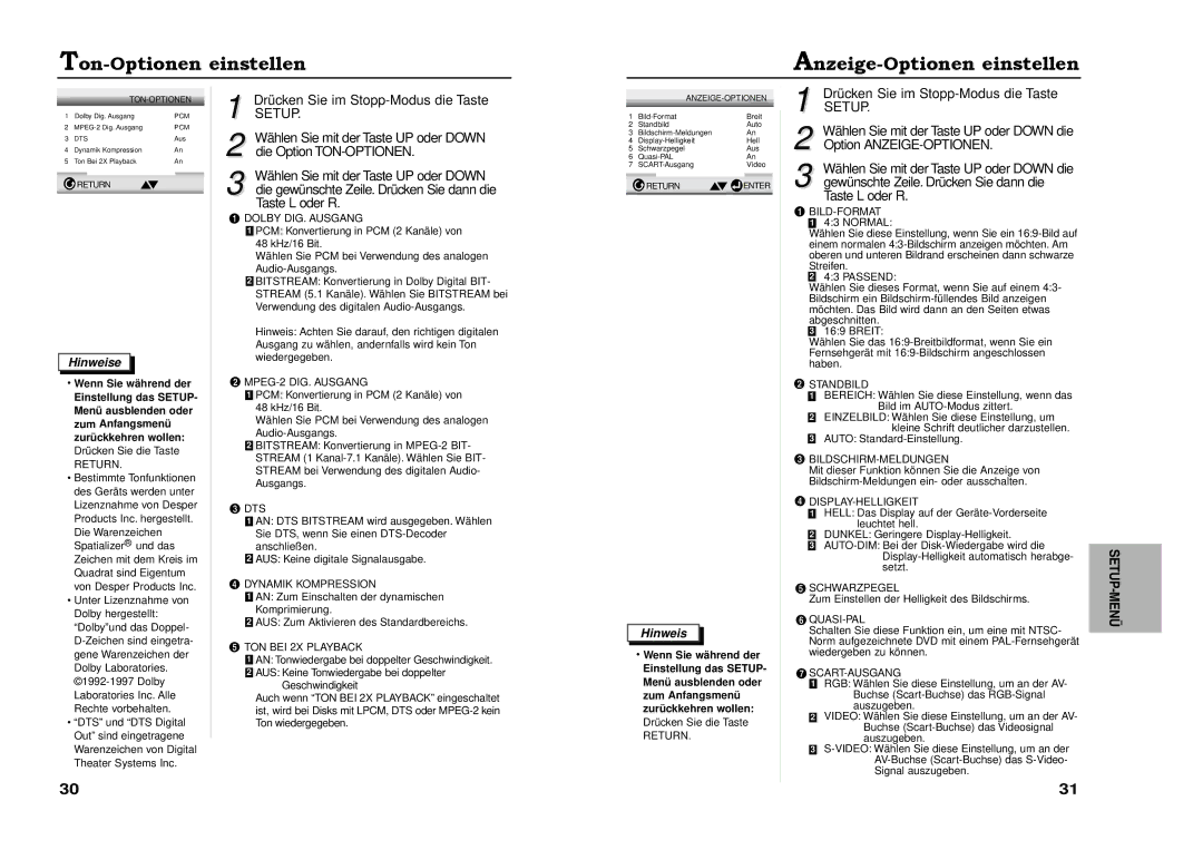 Samsung DVD-711A/XEG manual Ton-Optionen einstellen Anzeige-Optionen einstellen 