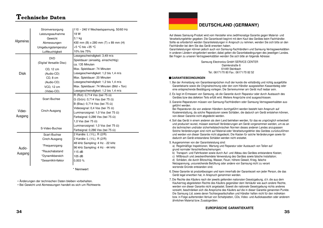 Samsung DVD-711A/XEG manual Technische Daten, Disk, Dvd 