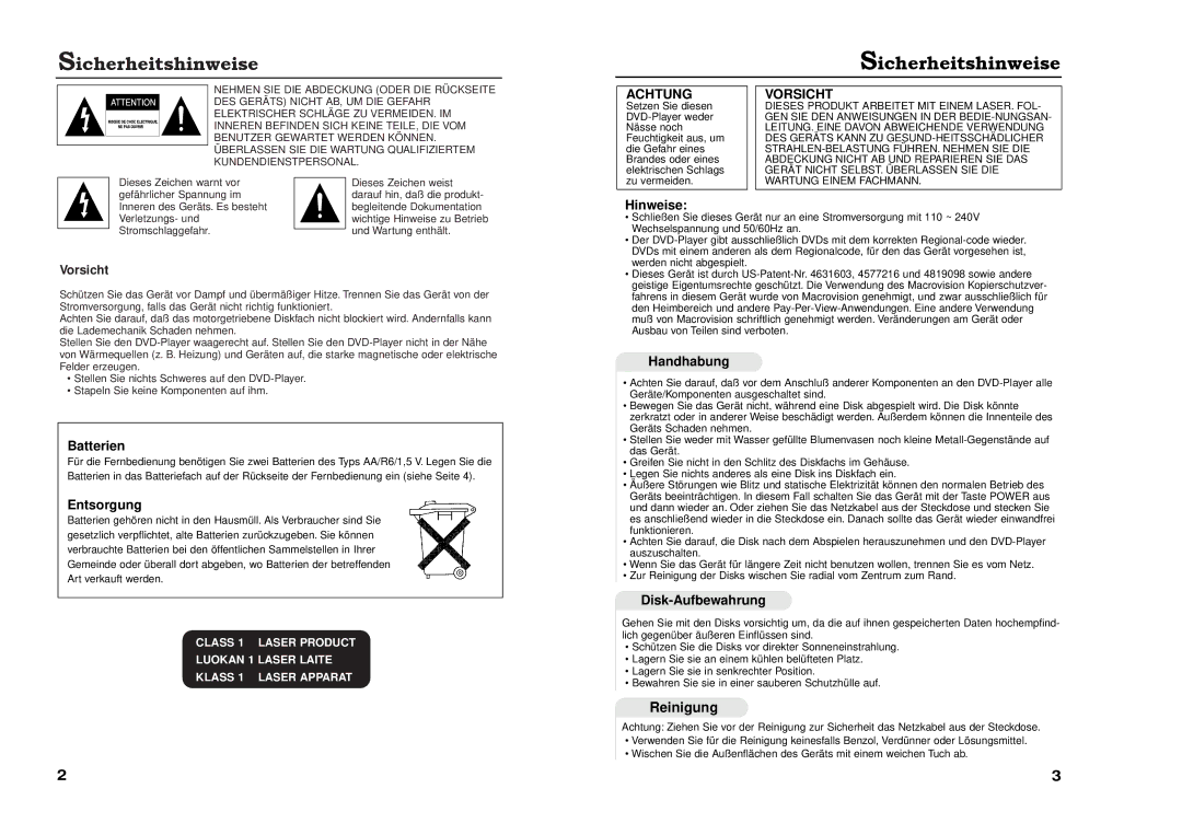 Samsung DVD-711A/XEG manual Sicherheitshinweise, Achtung, Vorsicht 