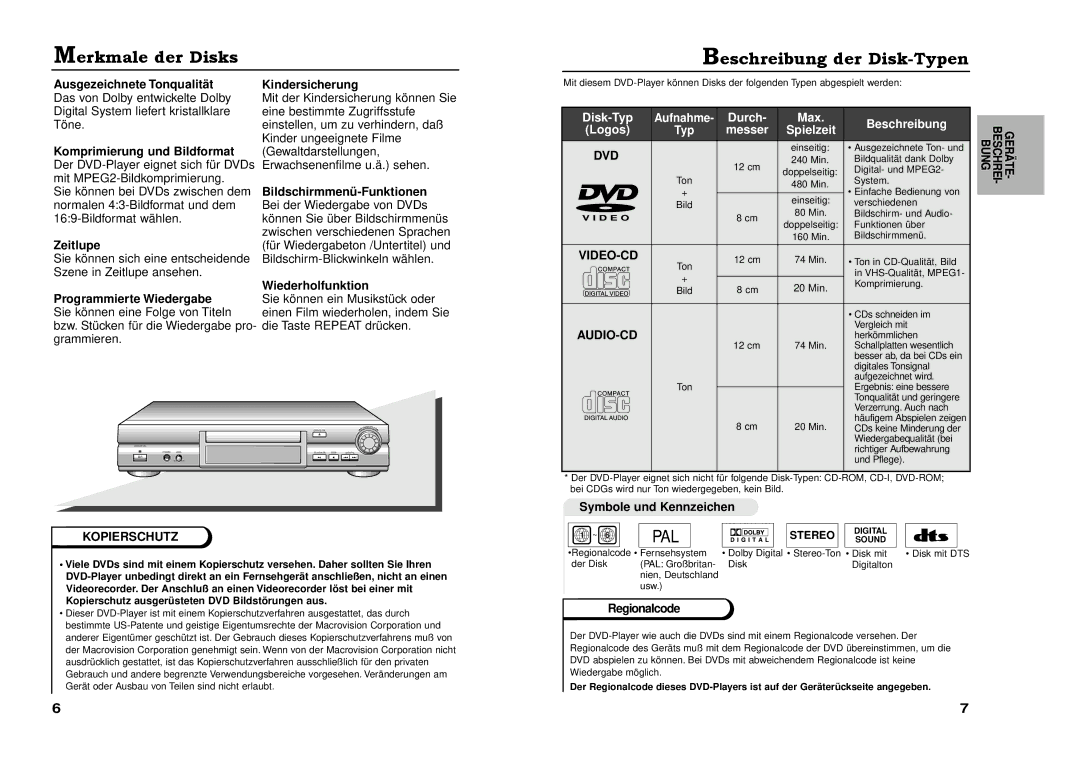 Samsung DVD-711A/XEG manual Merkmale der Disks Beschreibung der Disk-Typen, Video-Cd, Kopierschutz, Audio-Cd 