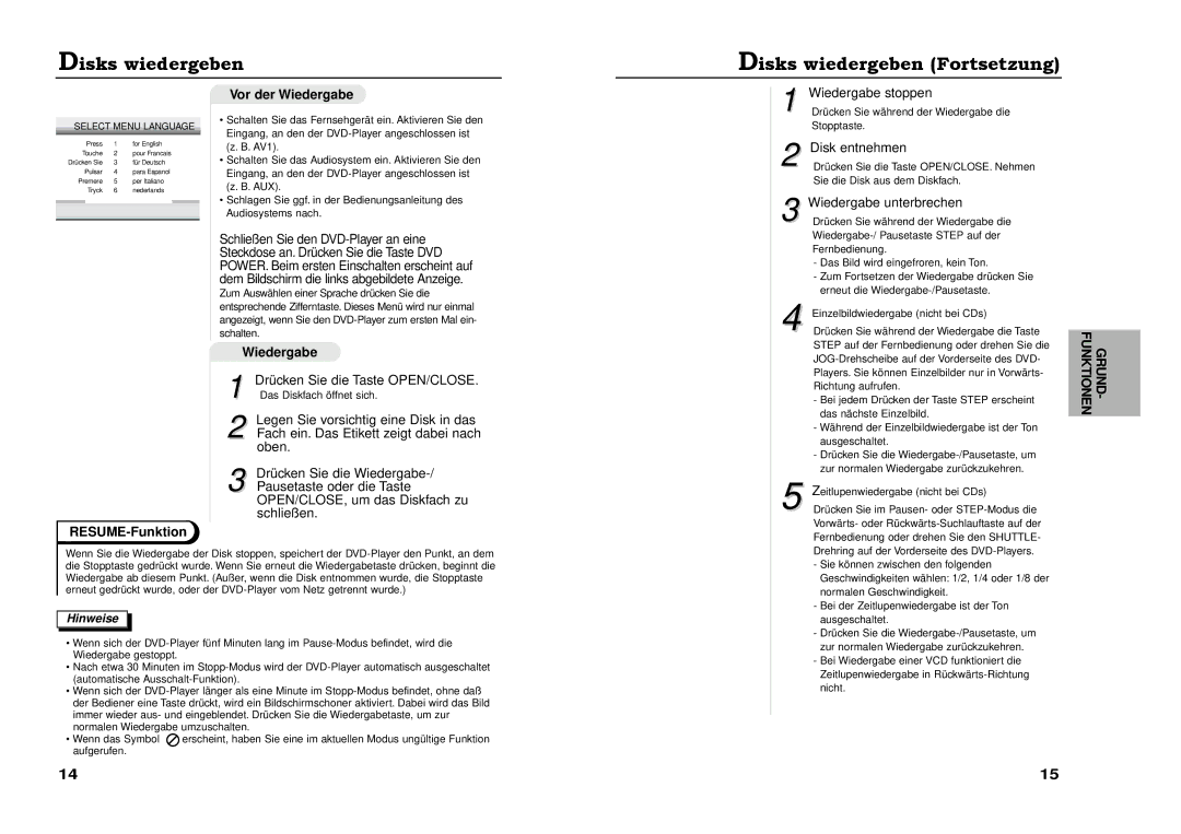 Samsung DVD-711A/XEG Disks wiedergeben Disks wiedergeben Fortsetzung, RESUME-Funktion Vor der Wiedergabe, Disk entnehmen 