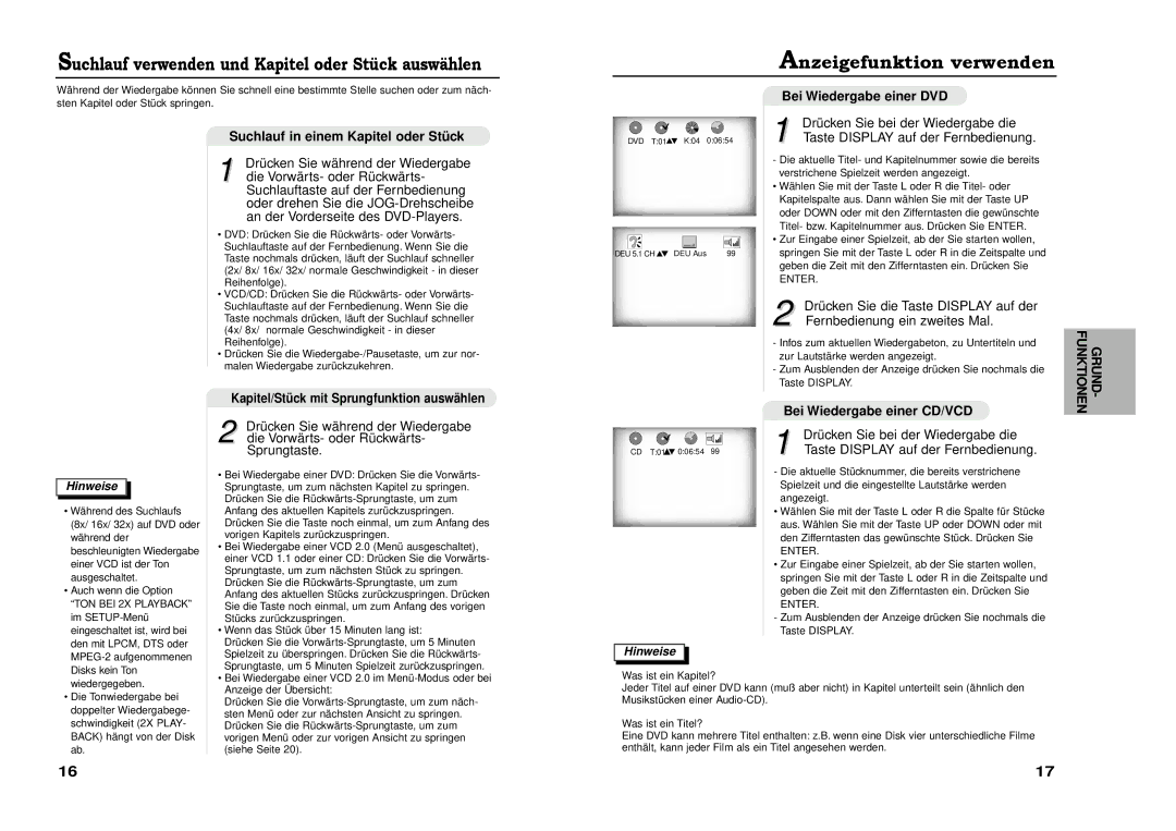 Samsung DVD-711A/XEG manual Anzeigefunktion verwenden, Drücken Sie bei der Wiedergabe die, Fernbedienung ein zweites Mal 