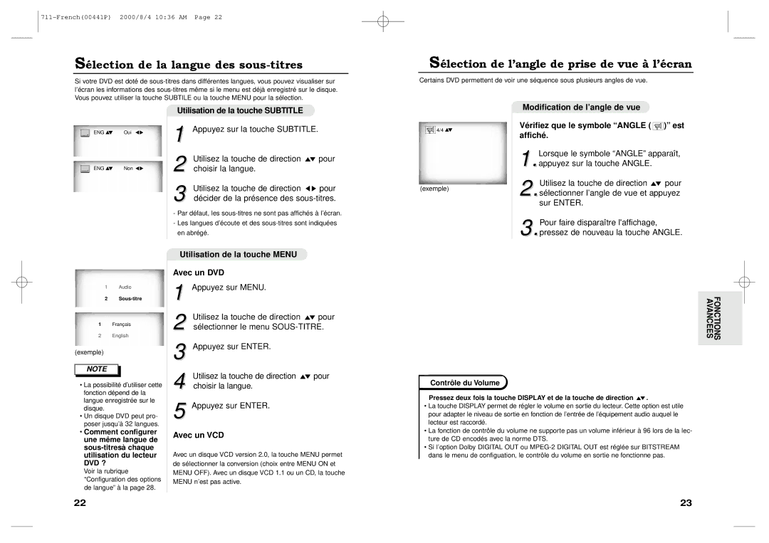 Samsung DVD-711/XEF, DVD-711A/XEF SŽlection de la langue des sous-titres, SŽlection de lÕangle de prise de vue ˆ lÕŽcran 