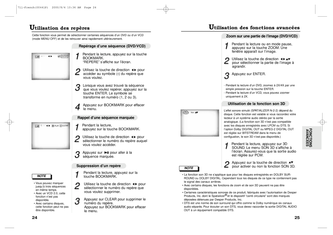 Samsung DVD-711A/XEF, DVD-711/XEF manual Utilisation des repres, Utilisation des fonctions avancŽes 