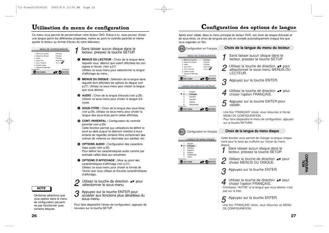 Samsung DVD-711/XEF, DVD-711A/XEF manual Utilisation du menu de configuration, Configuration des options de langue 