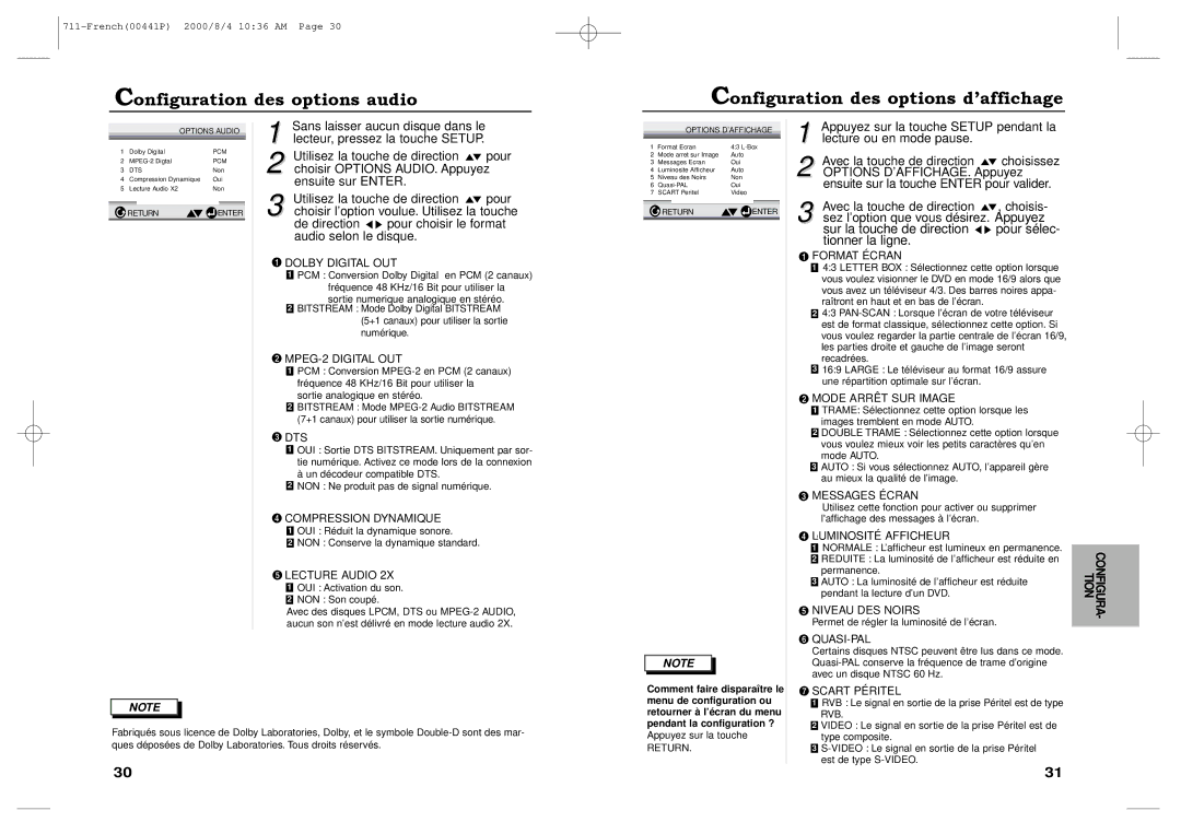 Samsung DVD-711/XEF manual De direction pour choisir le format audio selon le disque, Sortie numerique analogique en stéréo 