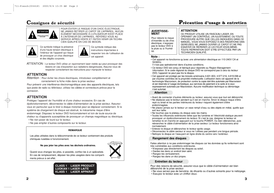 Samsung DVD-711/XEF manual Consignes de sŽcuritŽ PrŽcaution dÕusage & entretien, AVERTISSE- Ment, Rangement des disques 