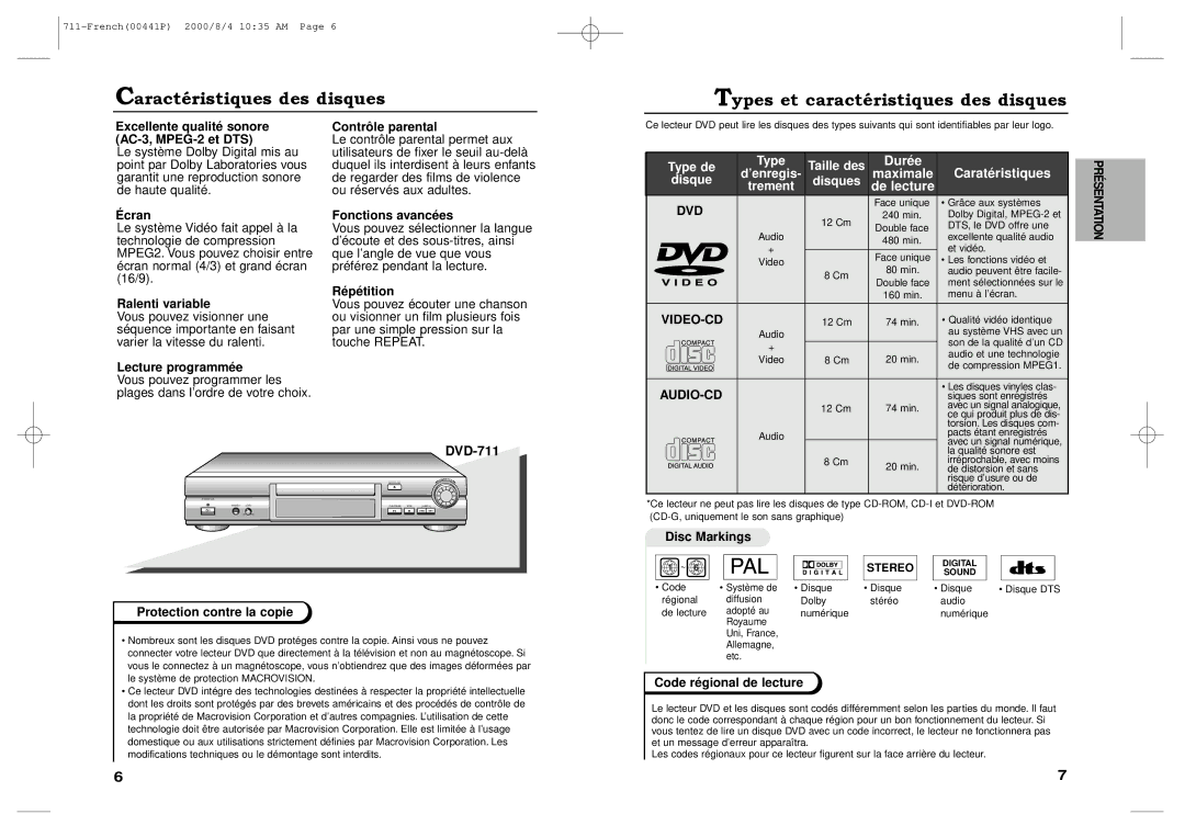 Samsung DVD-711/XEF, DVD-711A/XEF manual Dvd, Video-Cd, Audio-Cd, Présentation 