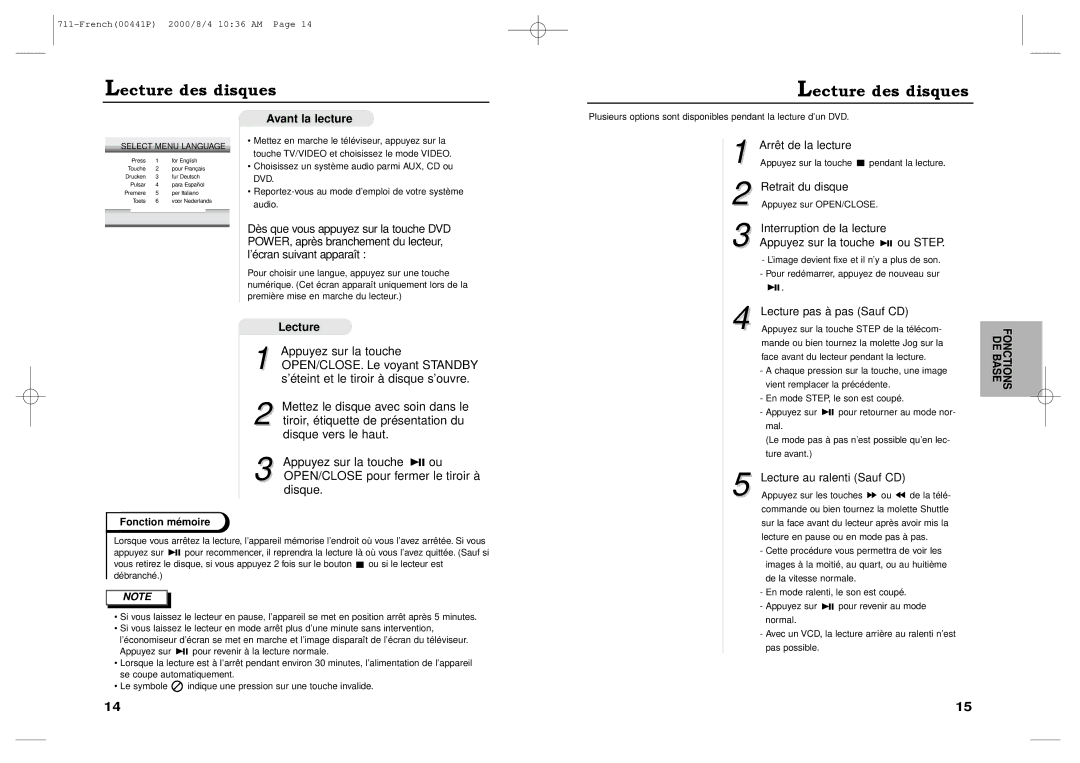 Samsung DVD-711/XEF, DVD-711A/XEF manual Lecture des disques, Avant la lecture, Fonctions DE Base 