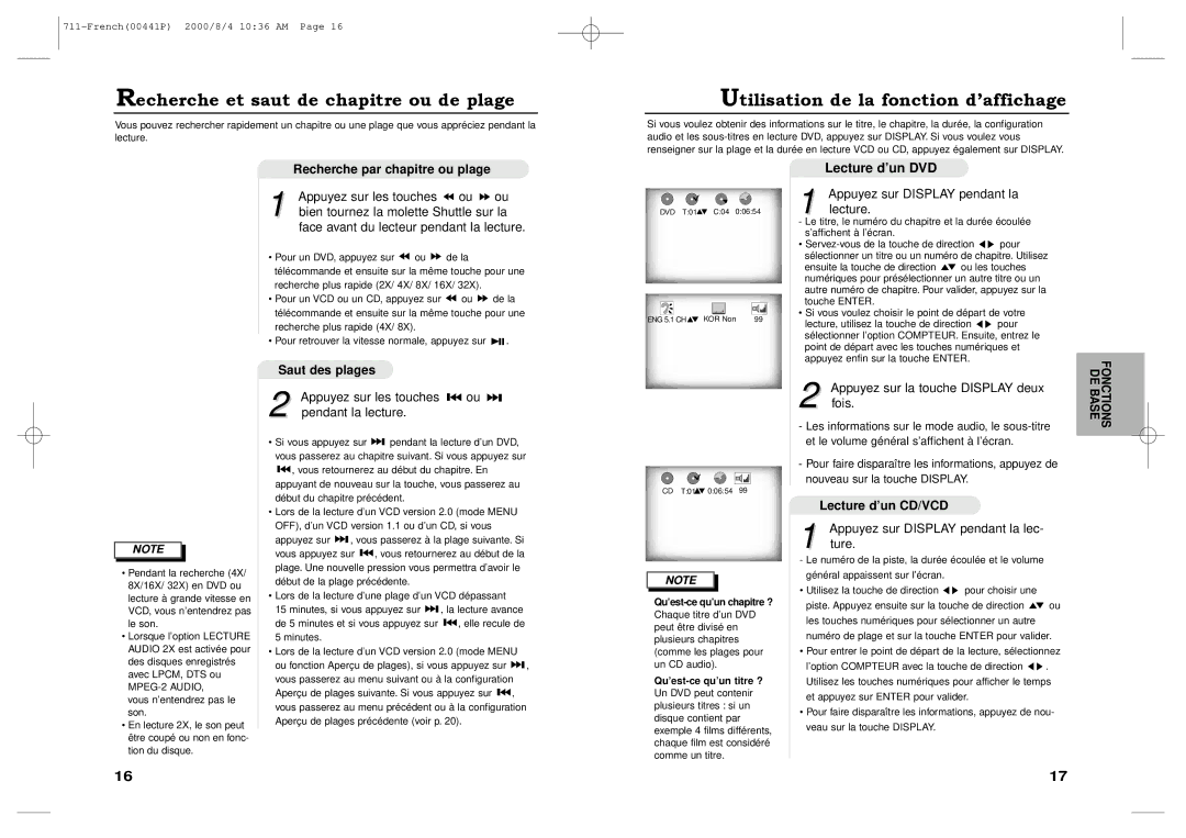 Samsung DVD-711A/XEF Recherche et saut de chapitre ou de plage, Utilisation de la fonction dÕaffichage, Lecture d’un DVD 