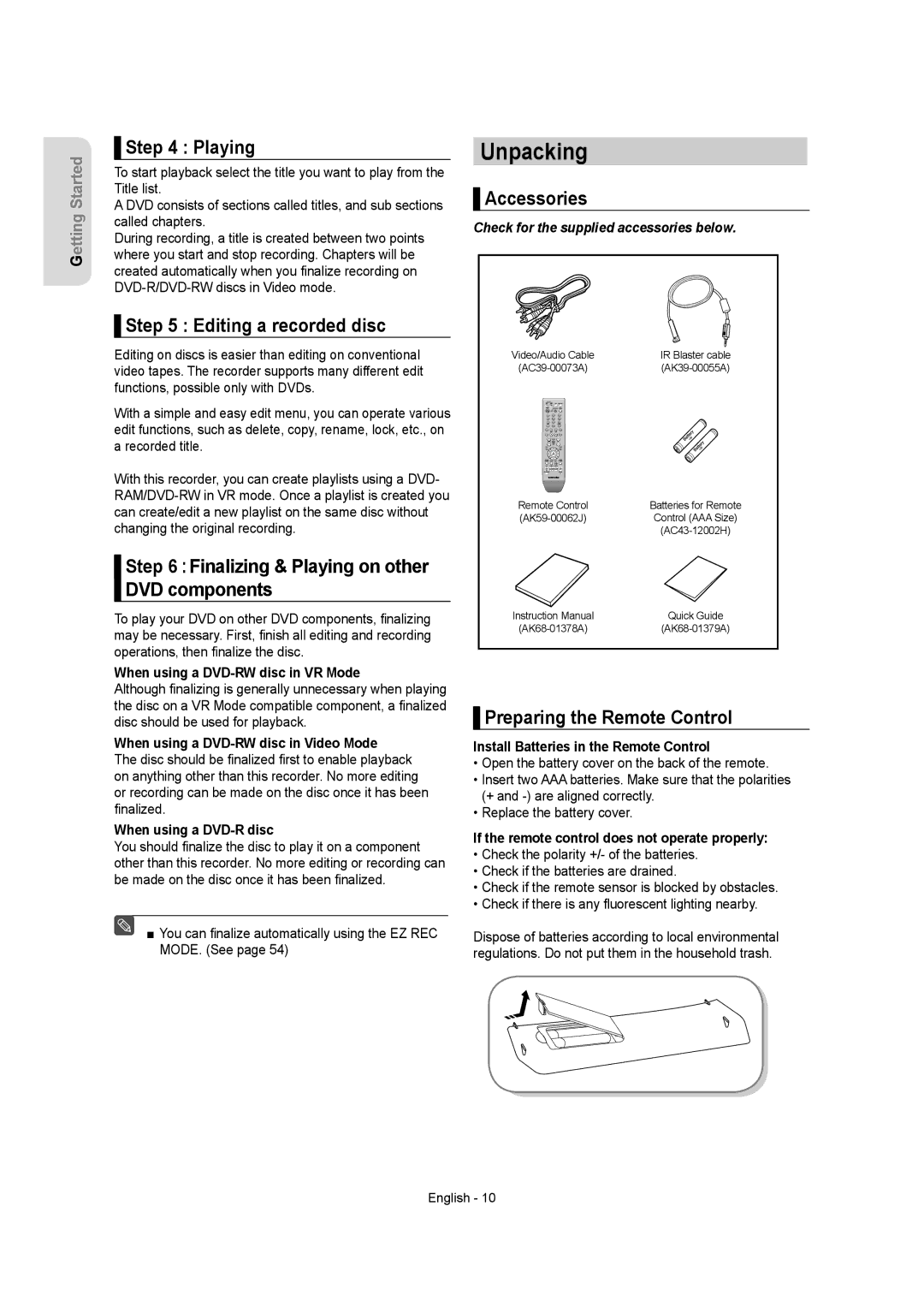 Samsung DVD-AR650 instruction manual Unpacking 