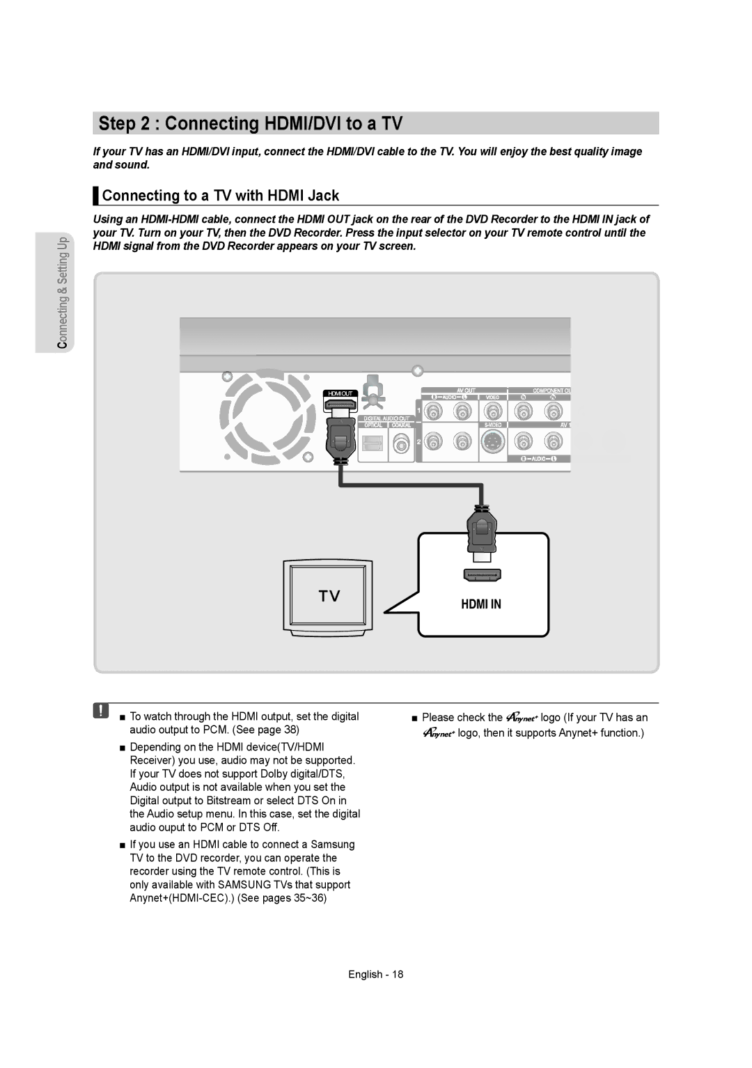 Samsung DVD-AR650 instruction manual Connecting HDMI/DVI to a TV, Connecting to a TV with Hdmi Jack 