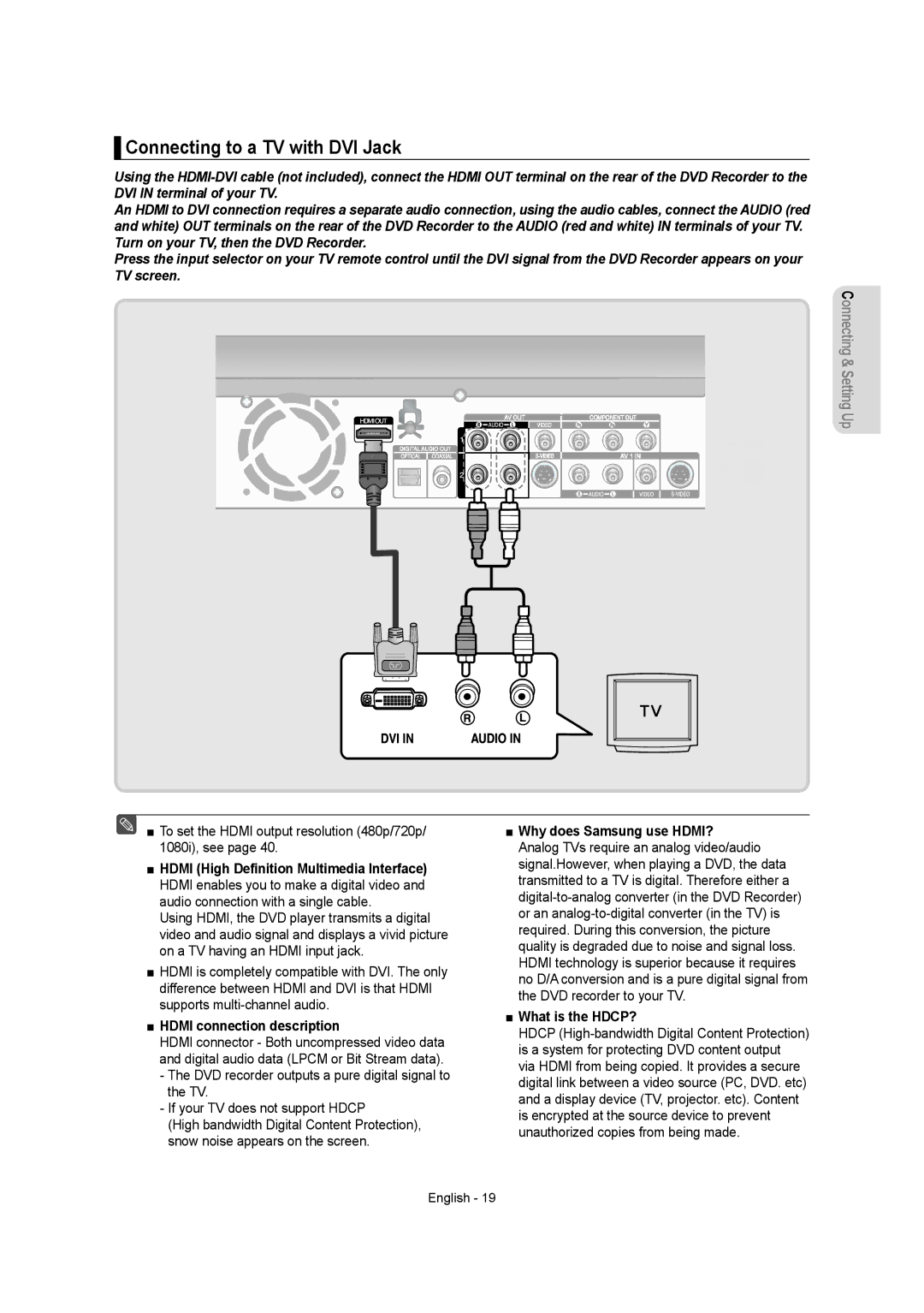 Samsung DVD-AR650 instruction manual Connecting to a TV with DVI Jack, Hdmi connection description 