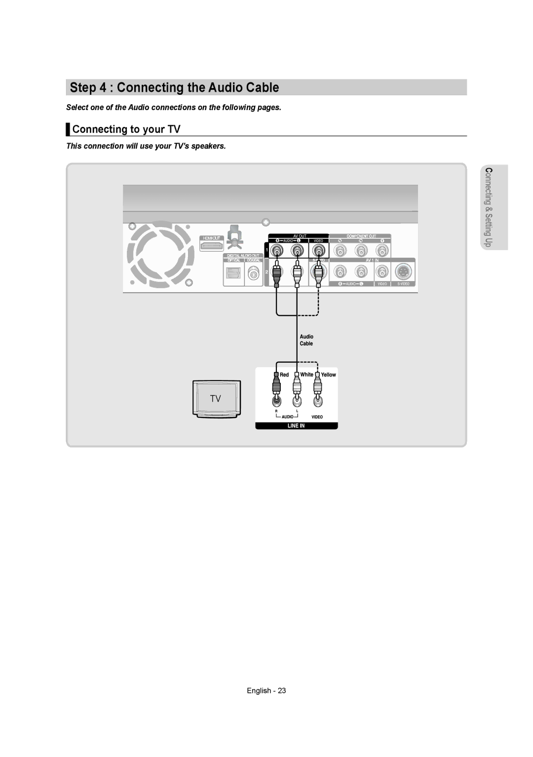 Samsung DVD-AR650 Connecting the Audio Cable, Connecting to your TV, This connection will use your TV’s speakers 