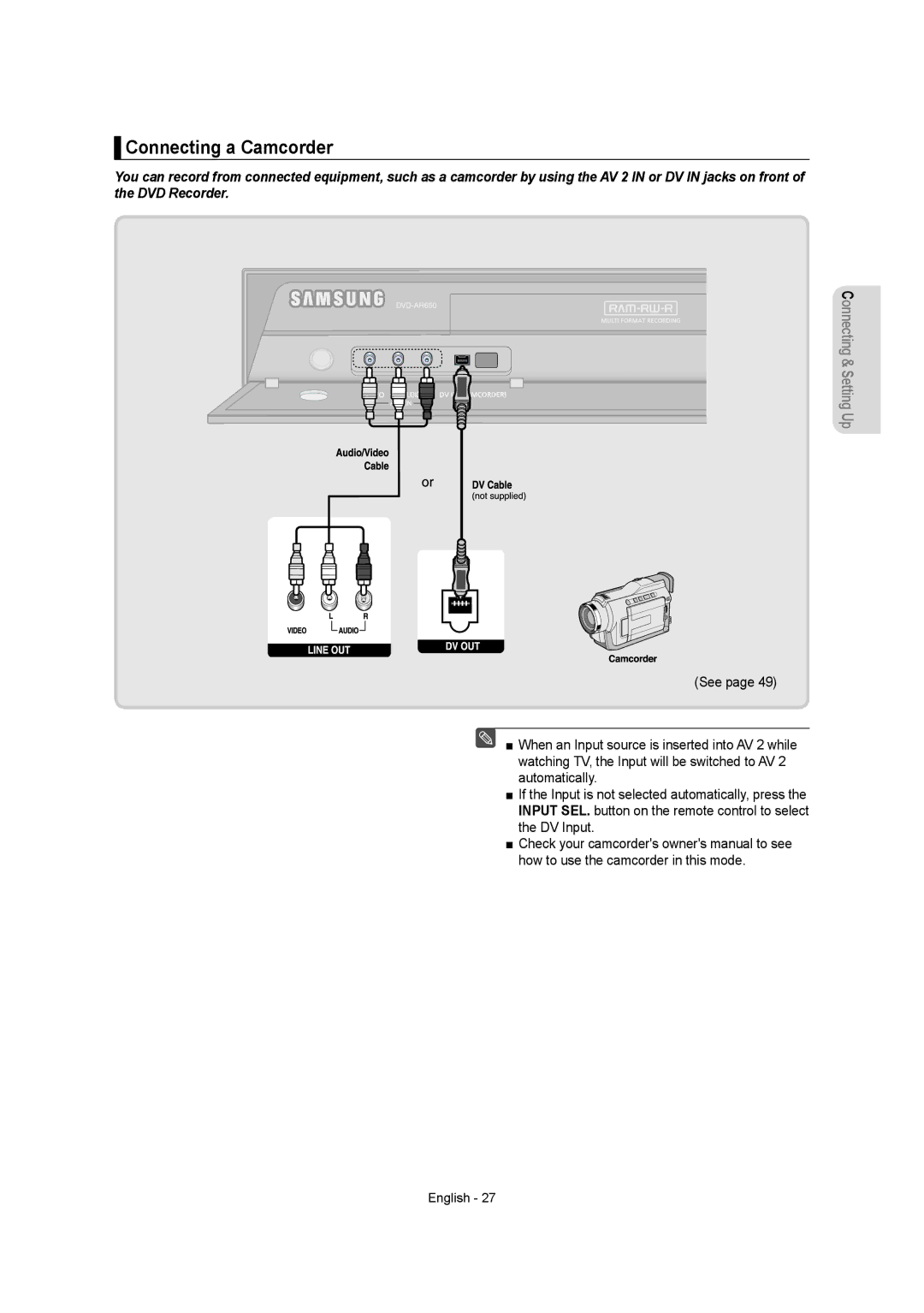 Samsung DVD-AR650 instruction manual Connecting a Camcorder 