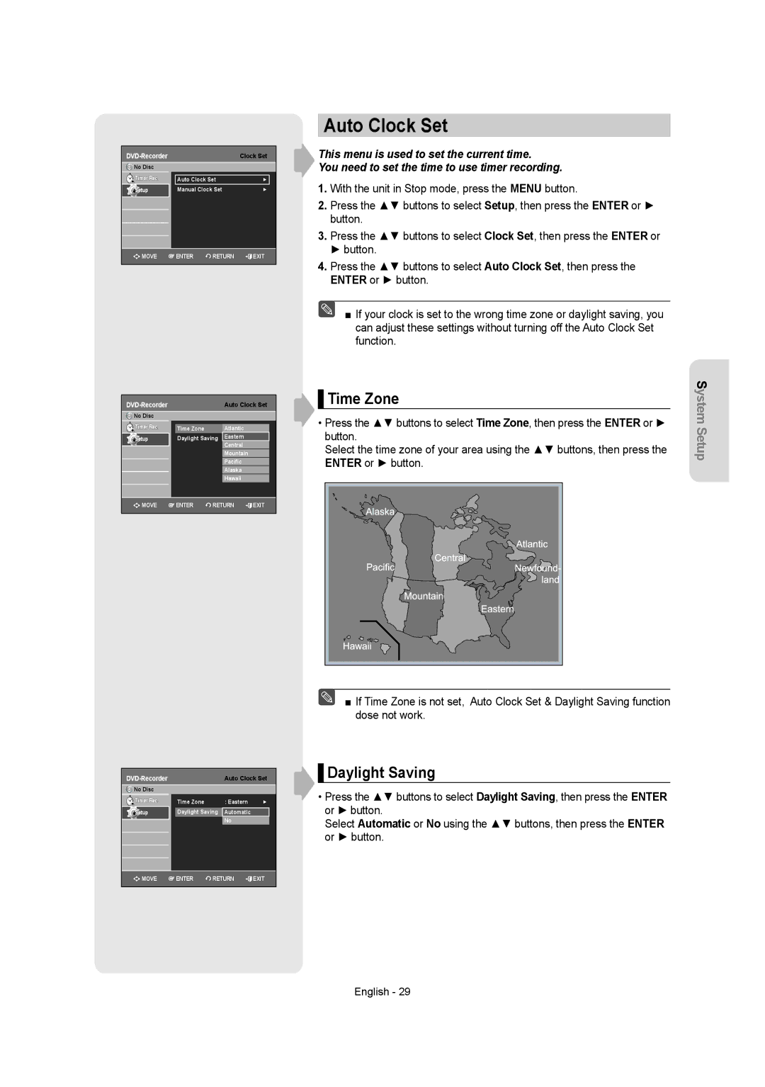 Samsung DVD-AR650 instruction manual Auto Clock Set, Time Zone, Daylight Saving 