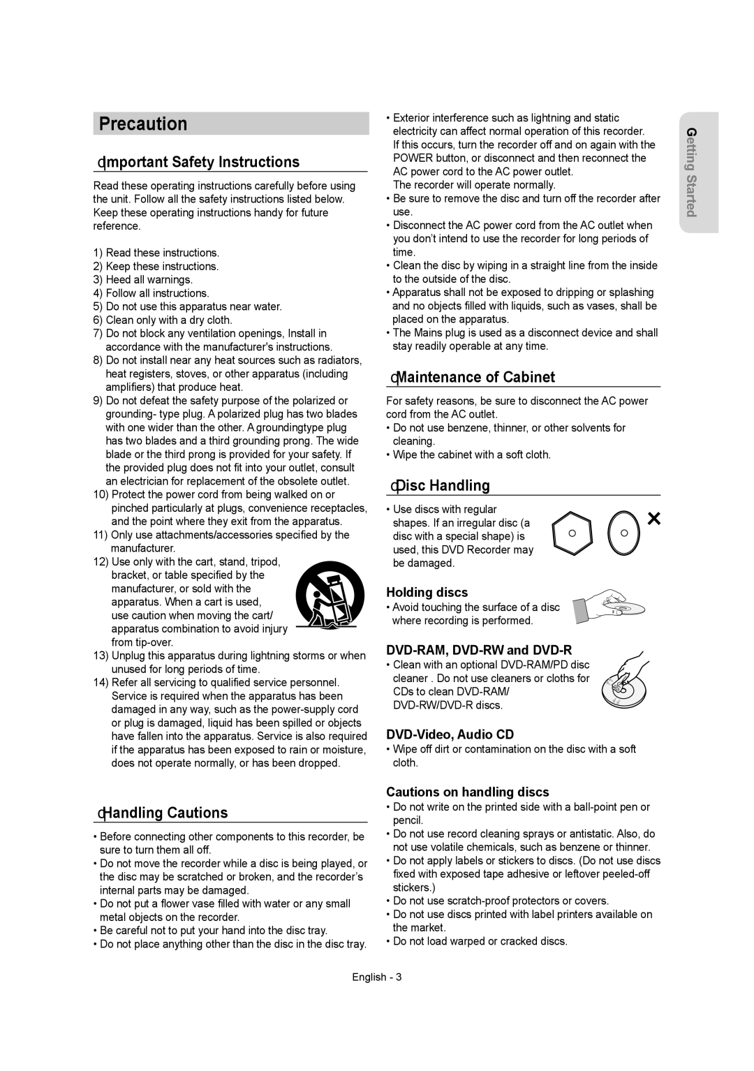 Samsung DVD-AR650 Precaution, Important Safety Instructions, Maintenance of Cabinet, Disc Handling, Handling Cautions 