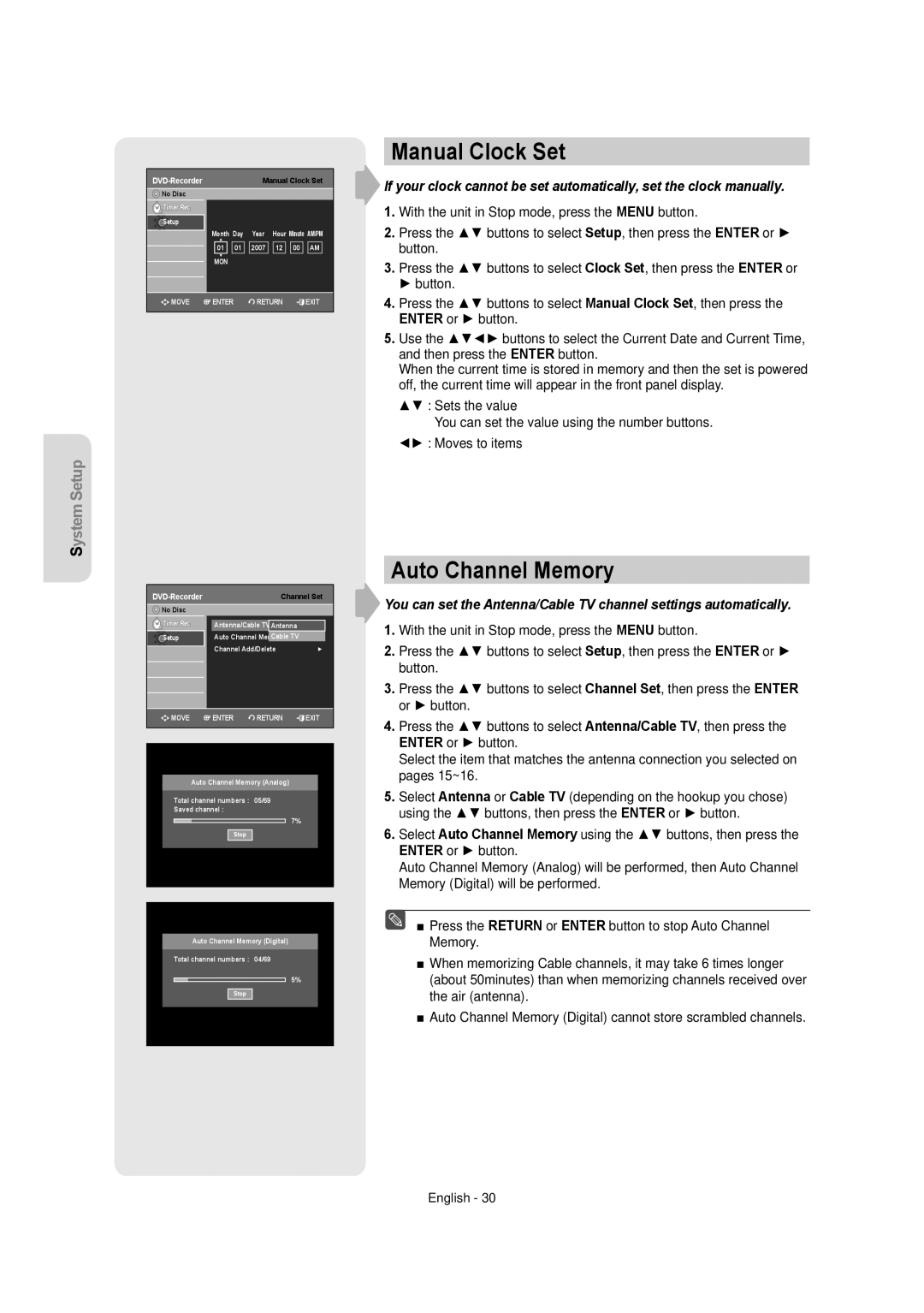 Samsung DVD-AR650 instruction manual Manual Clock Set, Auto Channel Memory 