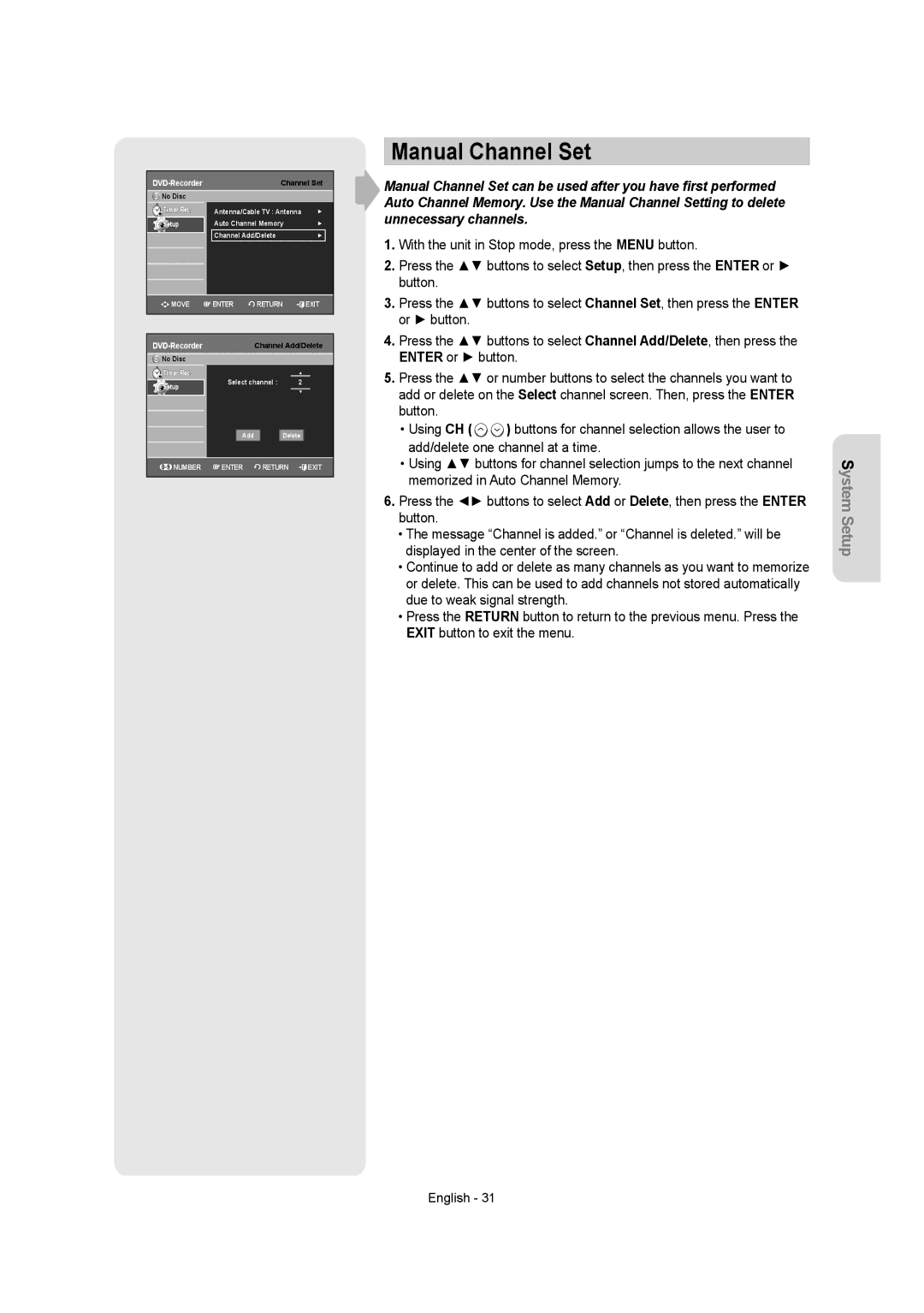 Samsung DVD-AR650 instruction manual Manual Channel Set 