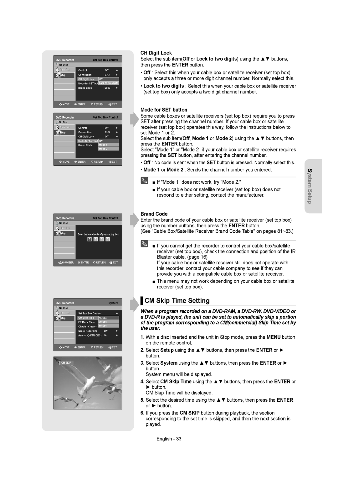 Samsung DVD-AR650 instruction manual CM Skip Time Setting, CH Digit Lock, Mode for SET button, Brand Code 