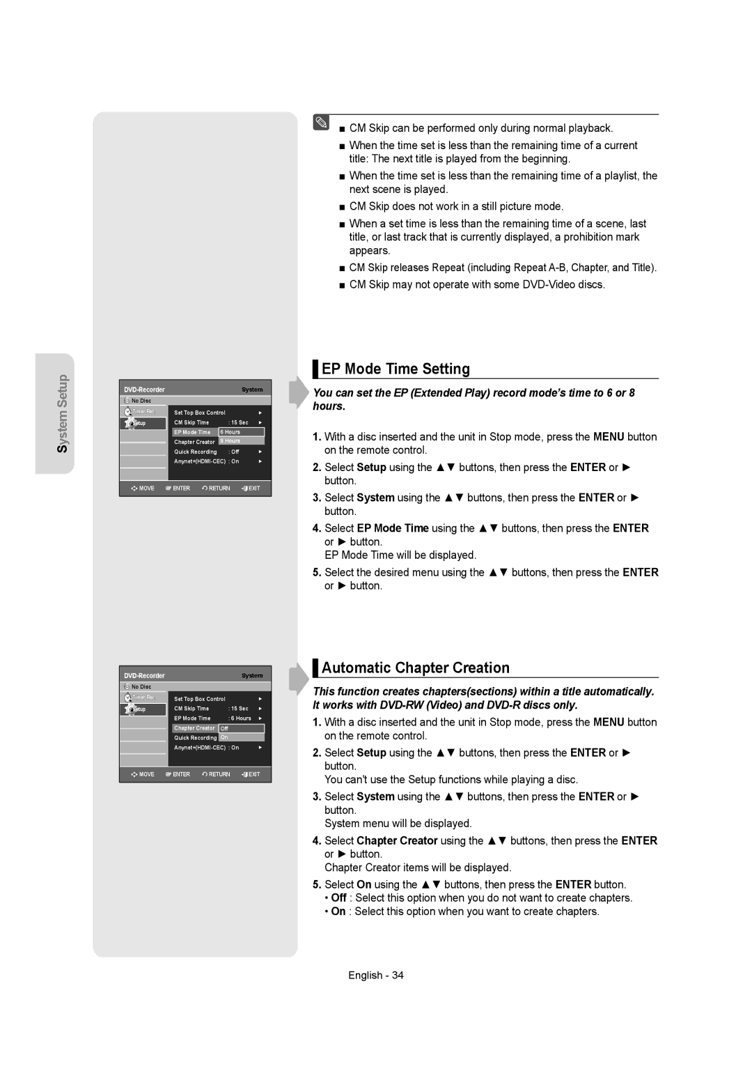 Samsung DVD-AR650 instruction manual EP Mode Time Setting, Automatic Chapter Creation 