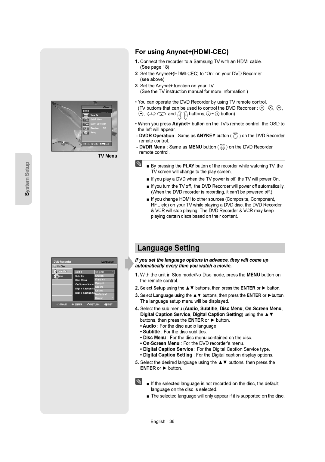 Samsung DVD-AR650 instruction manual Language Setting, For using Anynet+HDMI-CEC, TV Menu 