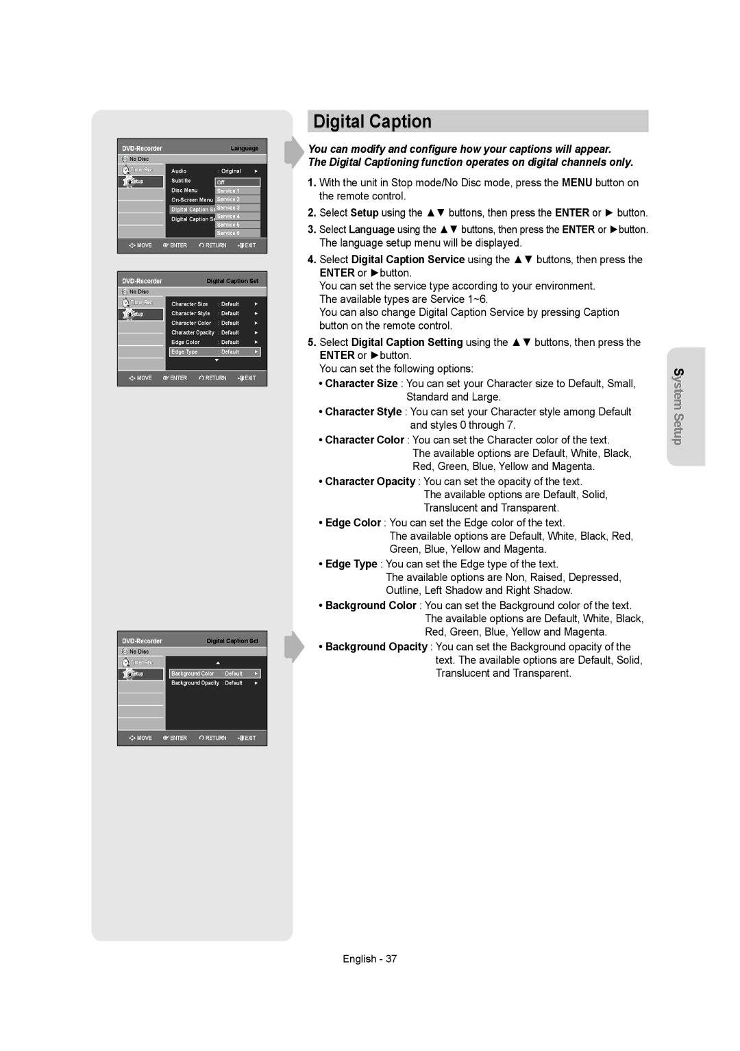 Samsung DVD-AR650 instruction manual Digital Caption 