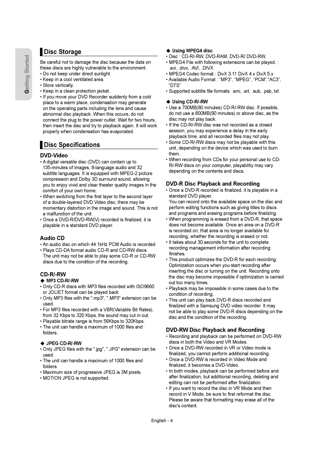 Samsung DVD-AR650 instruction manual Disc Storage, Disc Speciﬁcations 