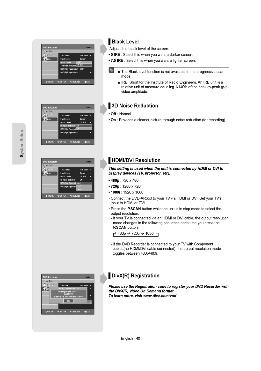 Samsung DVD-AR650 instruction manual Black Level, 3D Noise Reduction, HDMI/DVI Resolution, DivXR Registration 