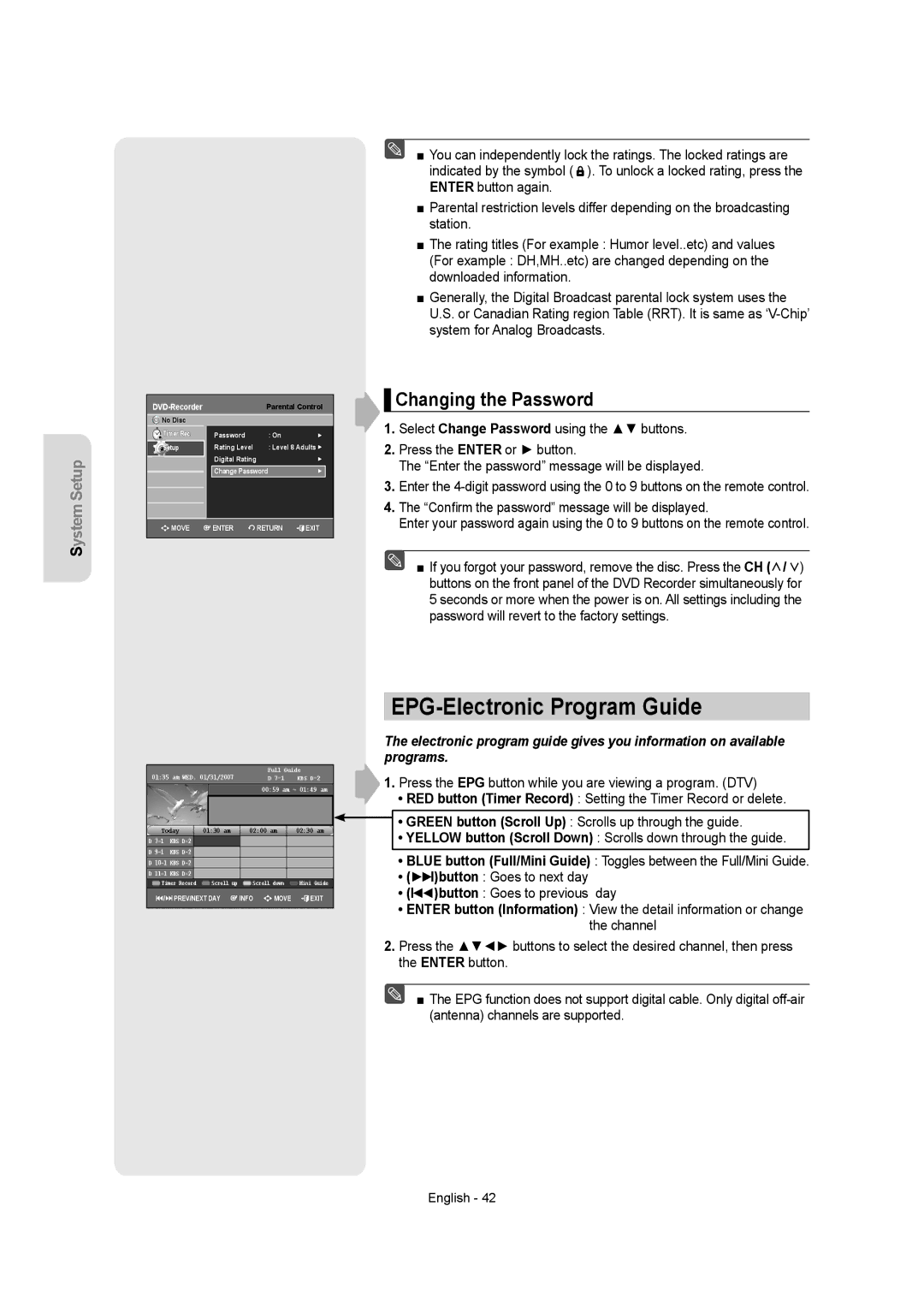 Samsung DVD-AR650 instruction manual EPG-Electronic Program Guide, Changing the Password 