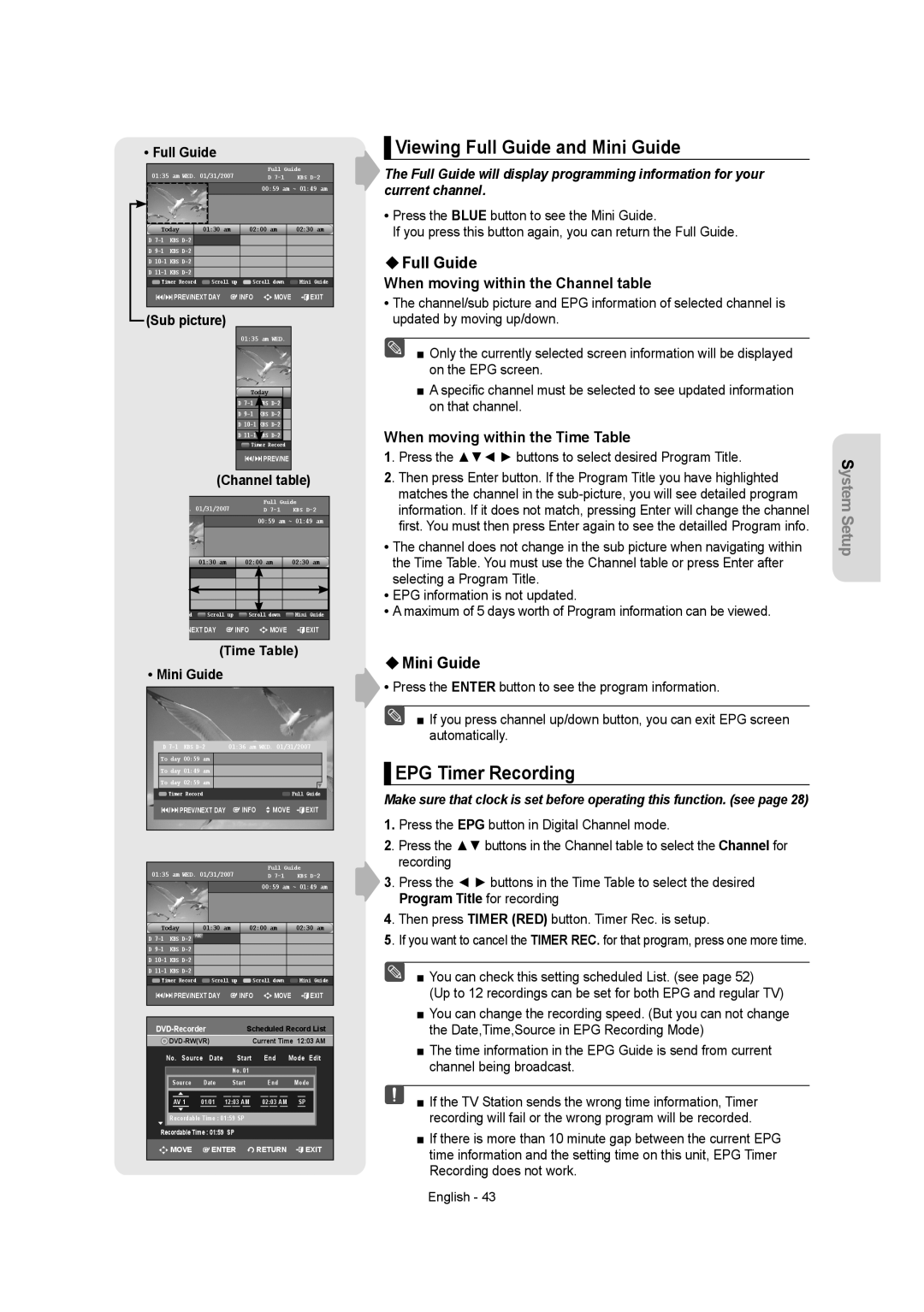 Samsung DVD-AR650 Viewing Full Guide and Mini Guide, EPG Timer Recording, Full Guide When moving within the Channel table 