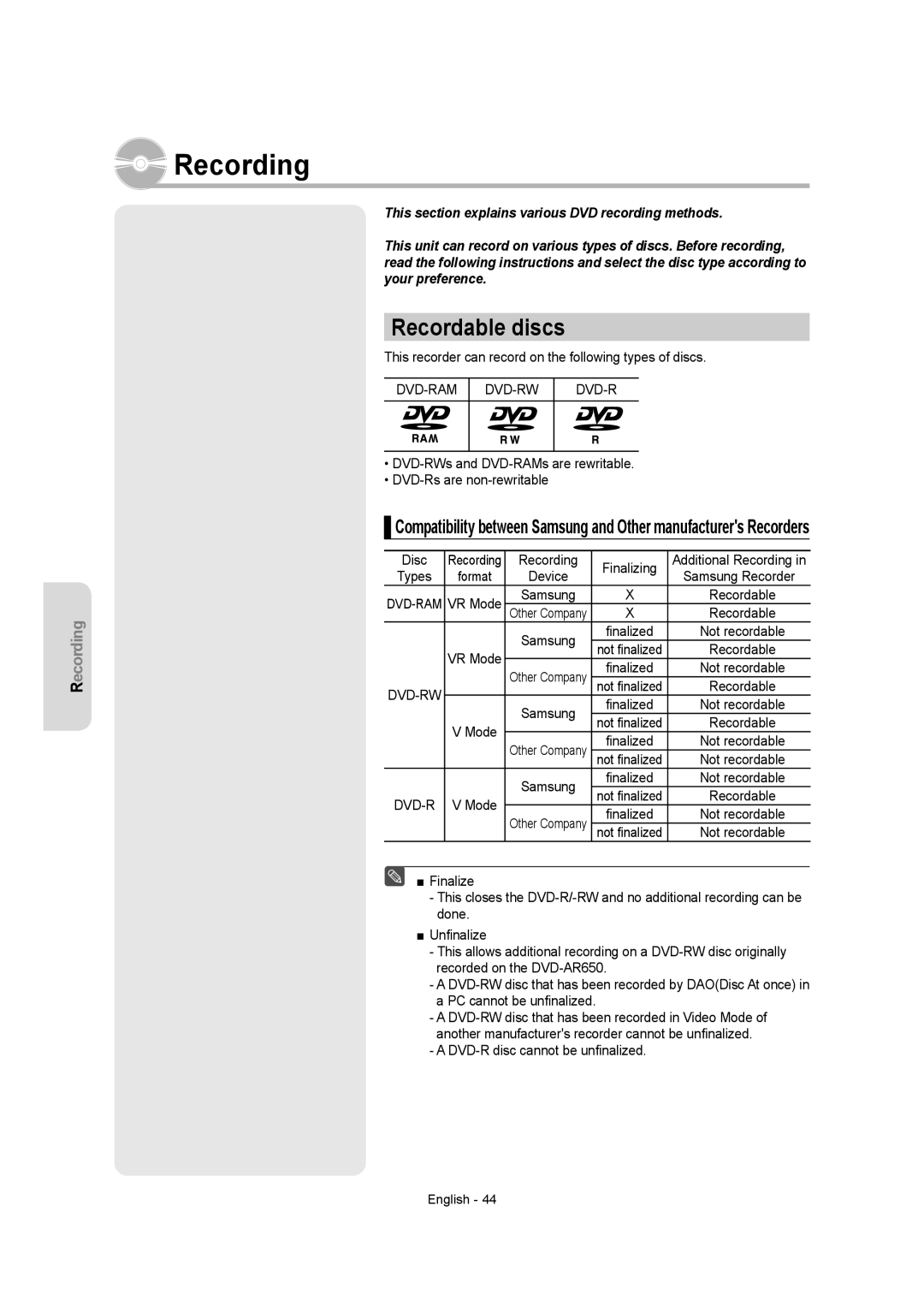 Samsung DVD-AR650 instruction manual Recordable discs, Dvd-Ram Dvd-Rw 