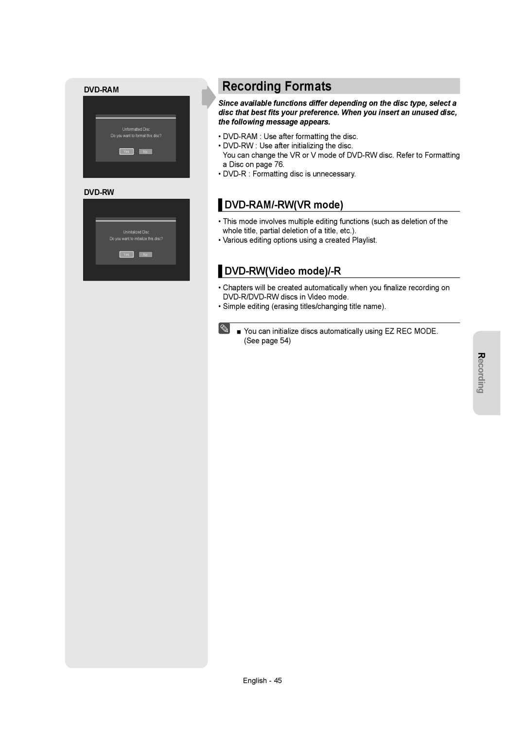 Samsung DVD-AR650 instruction manual Recording Formats, DVD-RAM/-RWVR mode, DVD-RWVideo mode/-R 