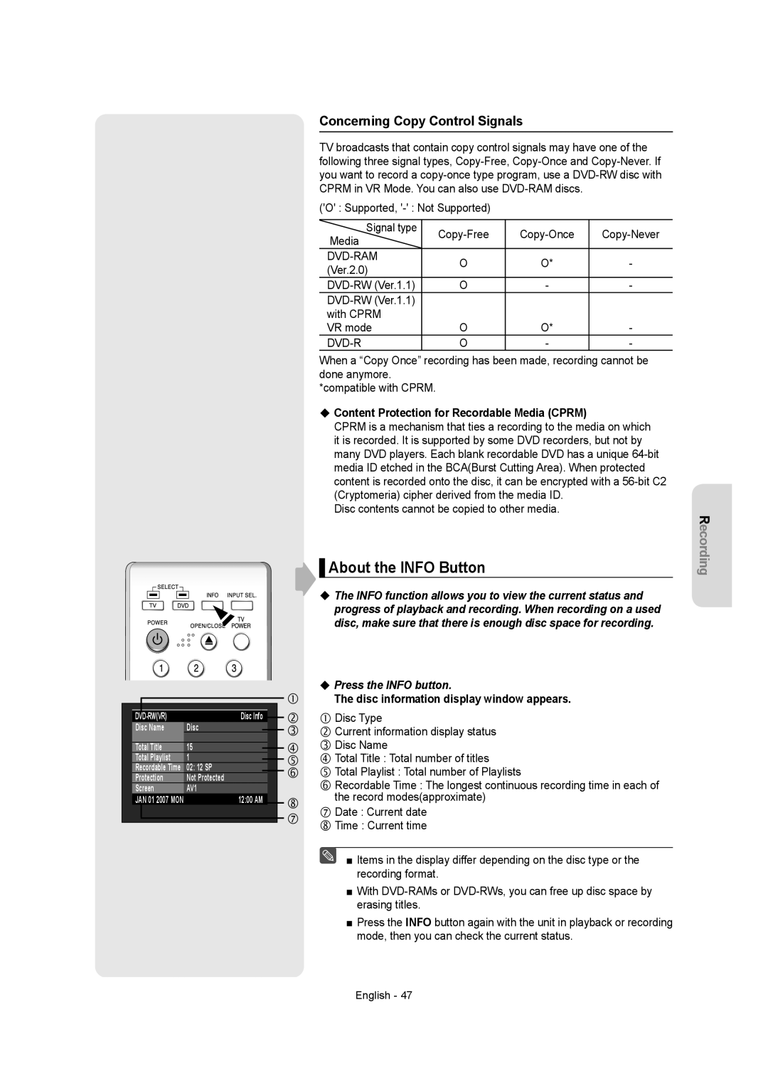 Samsung DVD-AR650 About the Info Button, Concerning Copy Control Signals, Content Protection for Recordable Media Cprm 