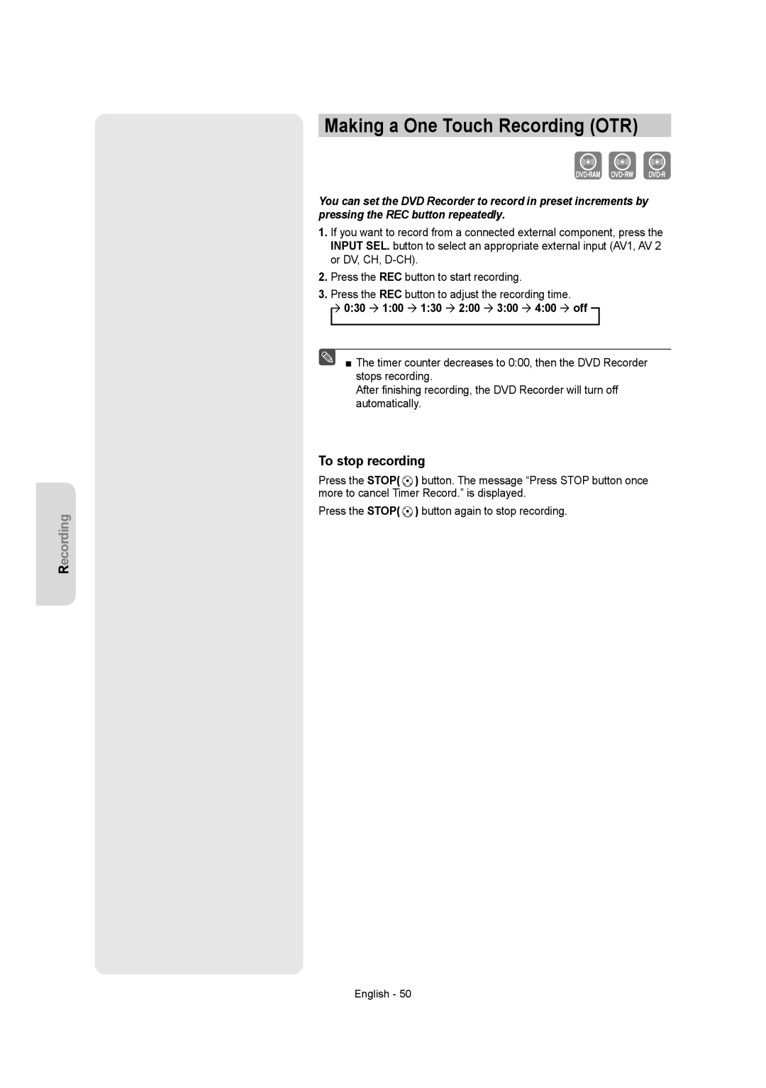 Samsung DVD-AR650 instruction manual Making a One Touch Recording OTR, 030 100 130 200 300 400 off 