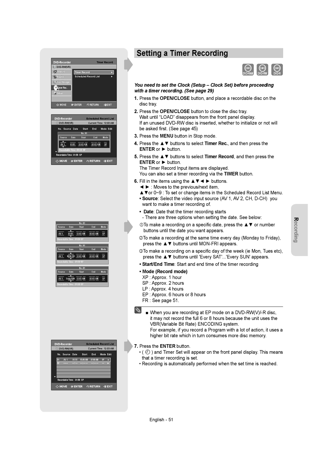 Samsung DVD-AR650 instruction manual Setting a Timer Recording, Mode Record mode 