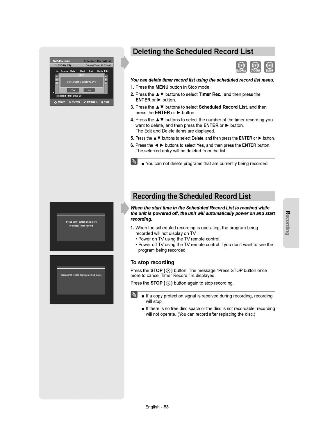 Samsung DVD-AR650 instruction manual Deleting the Scheduled Record List, Recording the Scheduled Record List 