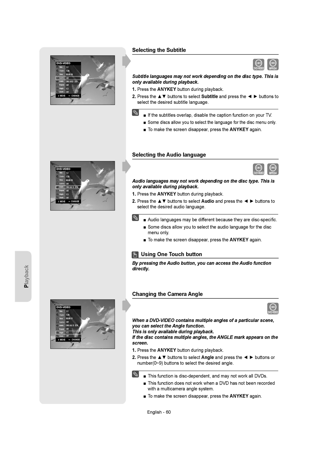 Samsung DVD-AR650 Selecting the Subtitle, Selecting the Audio language, Using One Touch button, Changing the Camera Angle 