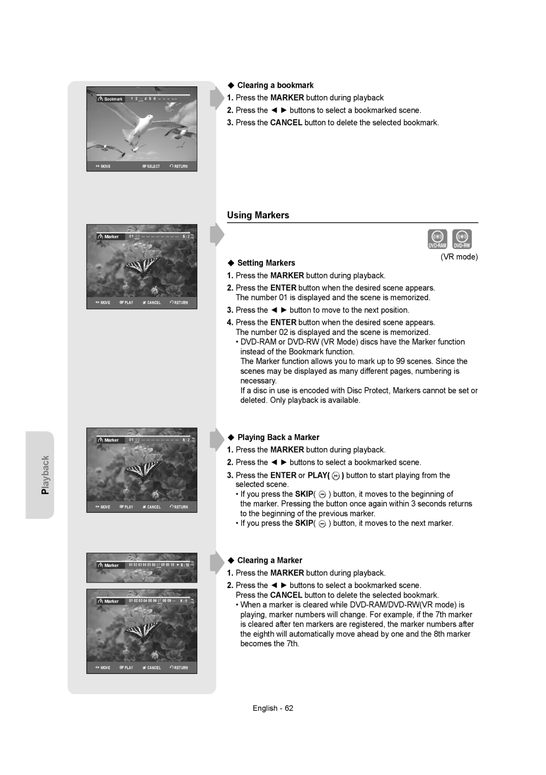 Samsung DVD-AR650 Using Markers, Clearing a bookmark, Setting Markers, Playing Back a Marker, Clearing a Marker 