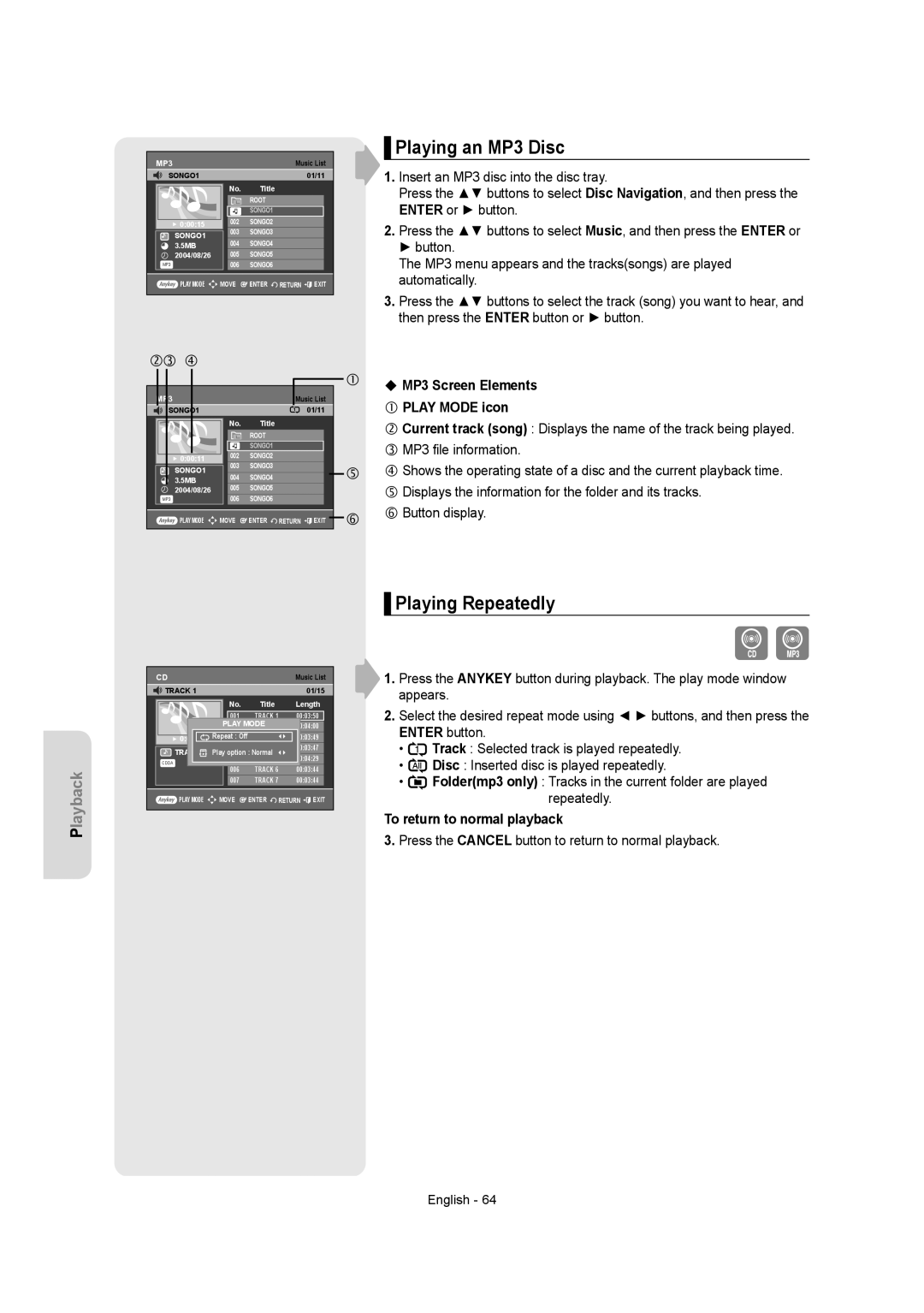 Samsung DVD-AR650 instruction manual Playing an MP3 Disc, Playing Repeatedly, MP3 Screen Elements Play Mode icon 