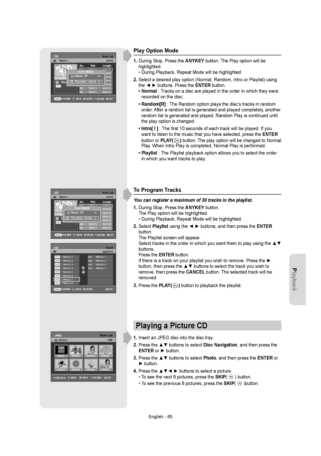 Samsung DVD-AR650 instruction manual Playing a Picture CD, Play Option Mode, To Program Tracks 