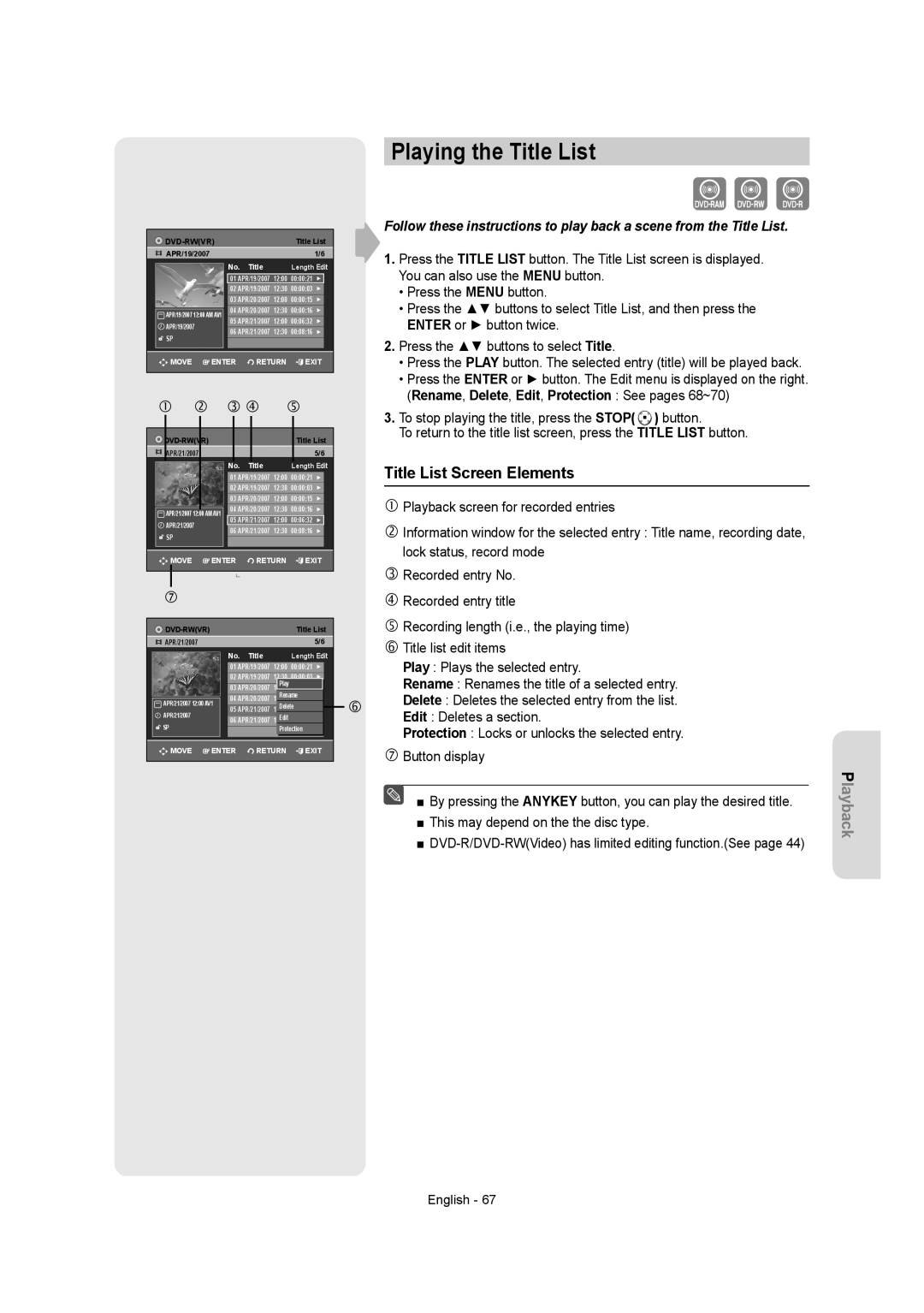 Samsung DVD-AR650 instruction manual Playing the Title List, Title List Screen Elements 