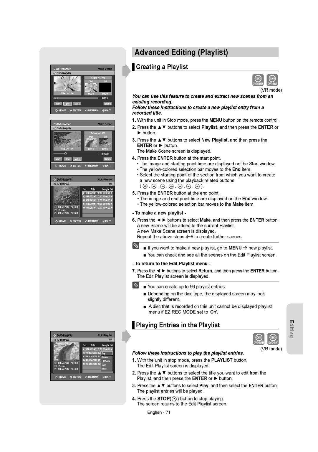 Samsung DVD-AR650 instruction manual Advanced Editing Playlist, Creating a Playlist, Playing Entries in the Playlist 