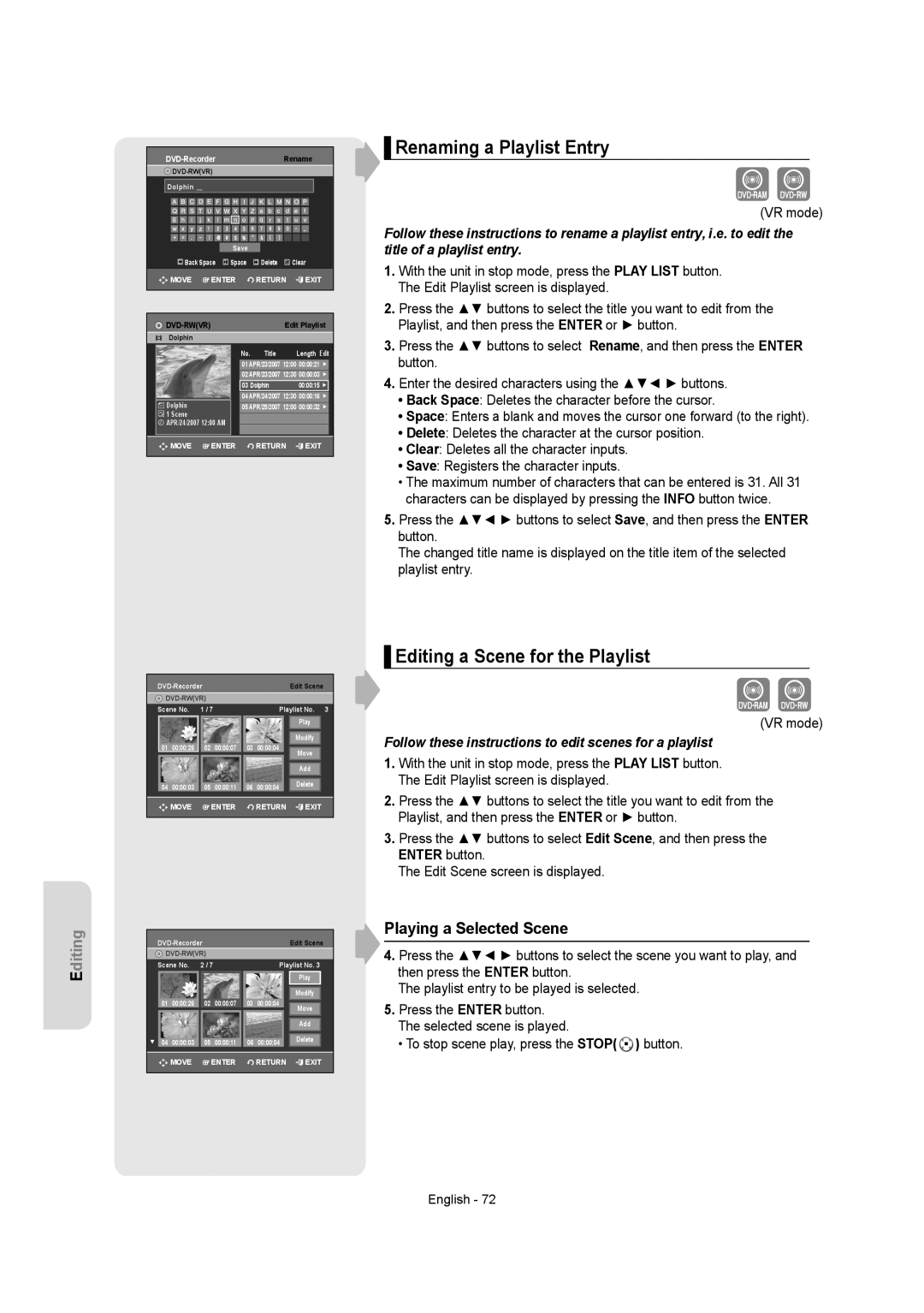 Samsung DVD-AR650 instruction manual Renaming a Playlist Entry, Editing a Scene for the Playlist, Playing a Selected Scene 