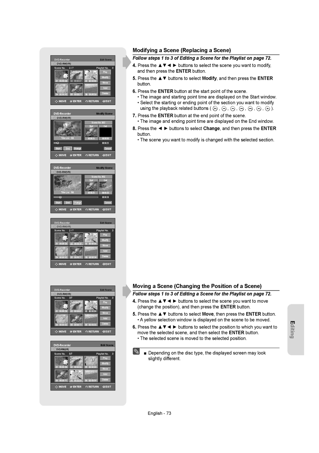 Samsung DVD-AR650 instruction manual Modifying a Scene Replacing a Scene, Moving a Scene Changing the Position of a Scene 